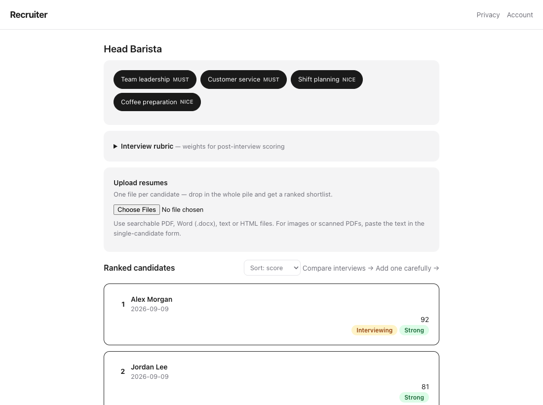 Recruiter screen: Review the candidates, shown with fictional sample data