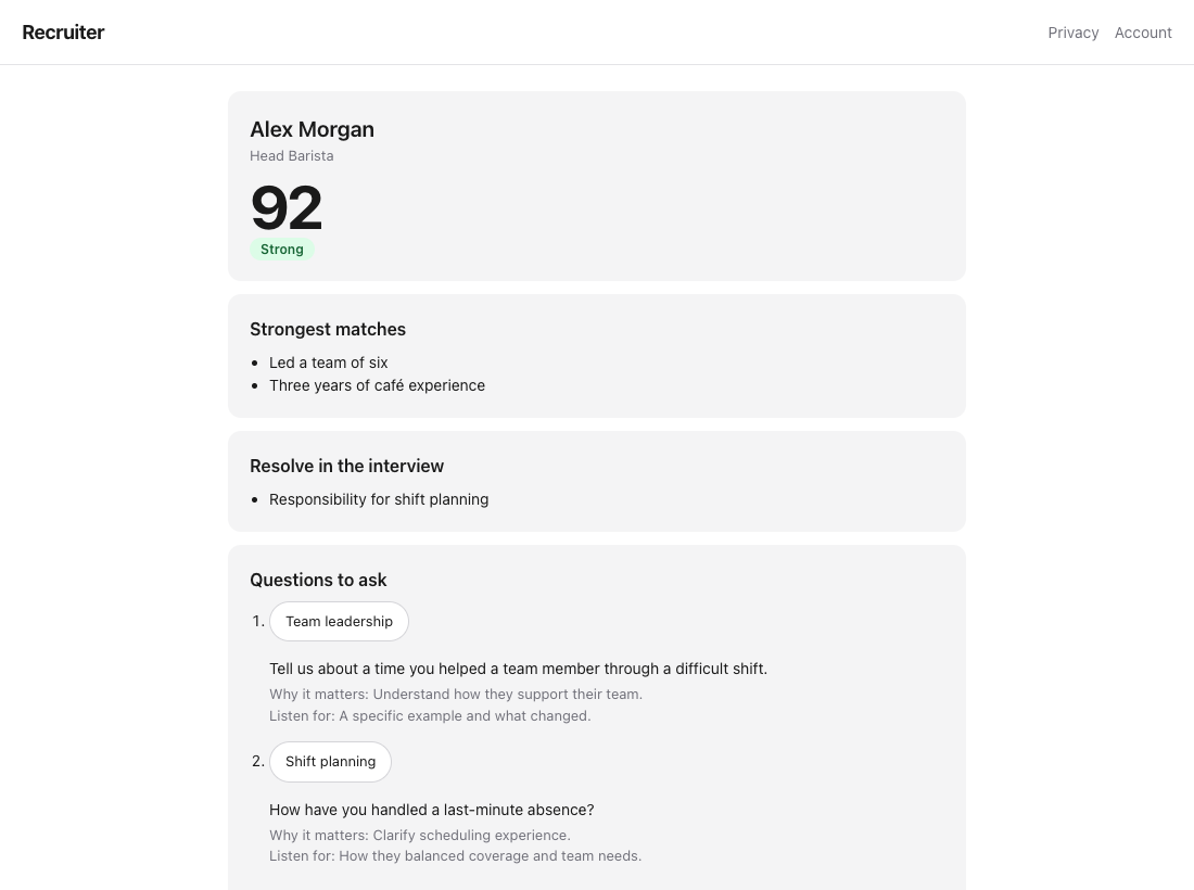 Recruiter screen: Prepare questions and save feedback, shown with fictional sample data